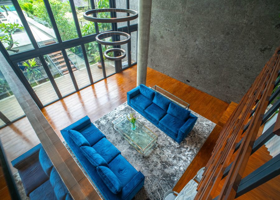 Aerial view of one of the lounge areas of The Lilly Pad villa in Bali