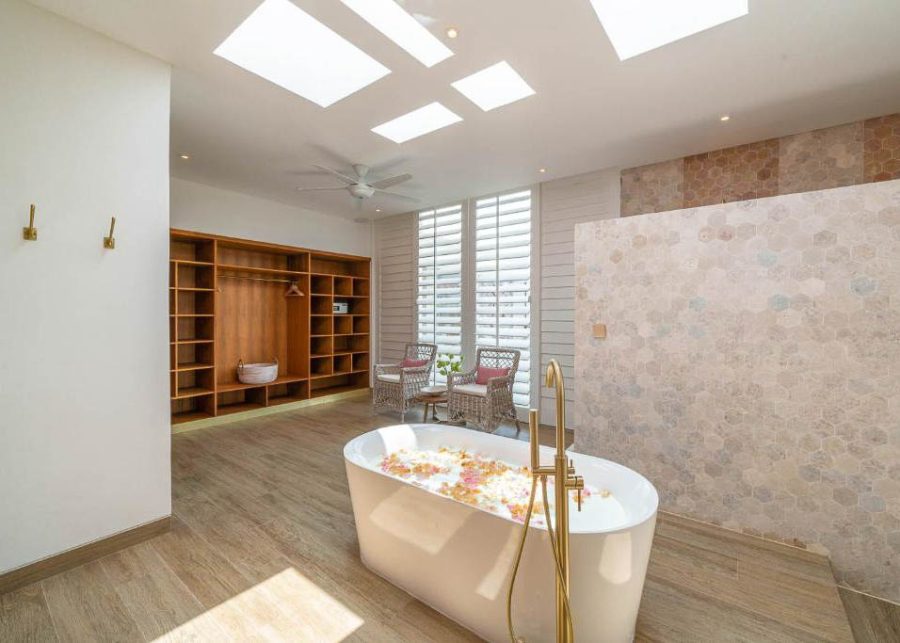 Bathroom with skylights and hexagon marble tiles at Villa Vida in Batu Bolong, Canggu