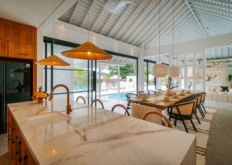 Large open plan kitchen and dining area at the luxury villa, Villa Yang in Bali