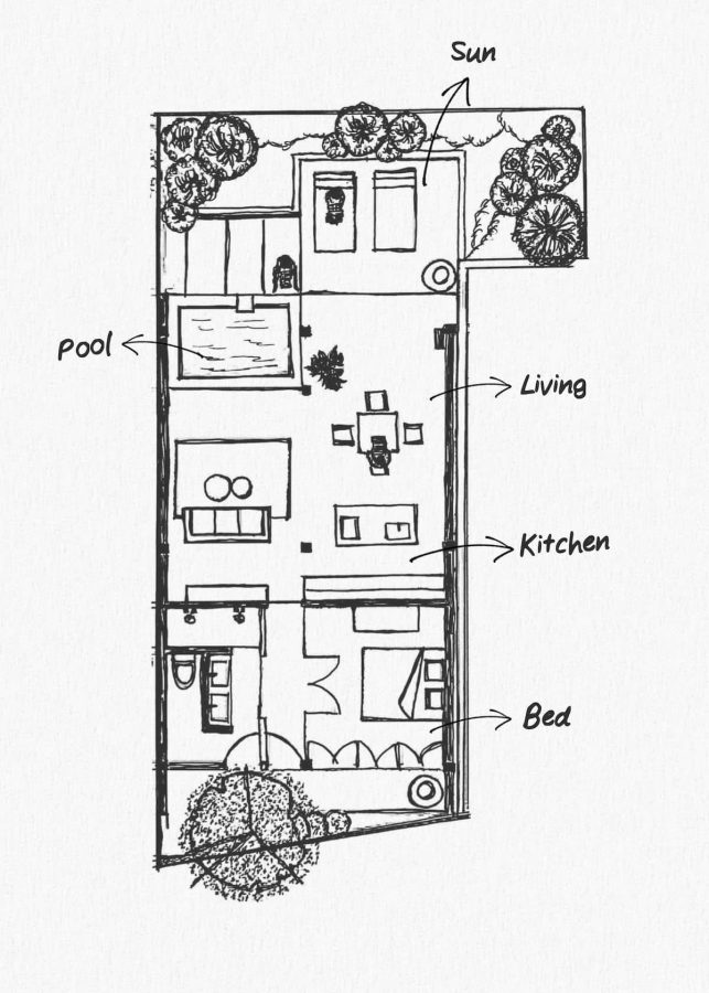 Lower floor sketch plan of The Bohemian Hotel in Canggu