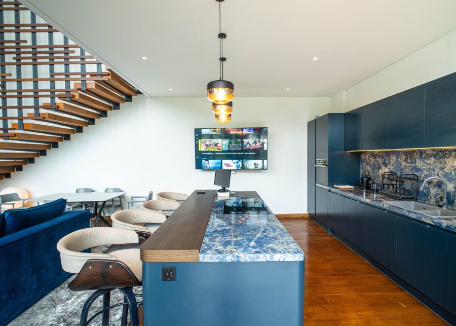 Luxury blue design kitchen area at The Lilly Pad