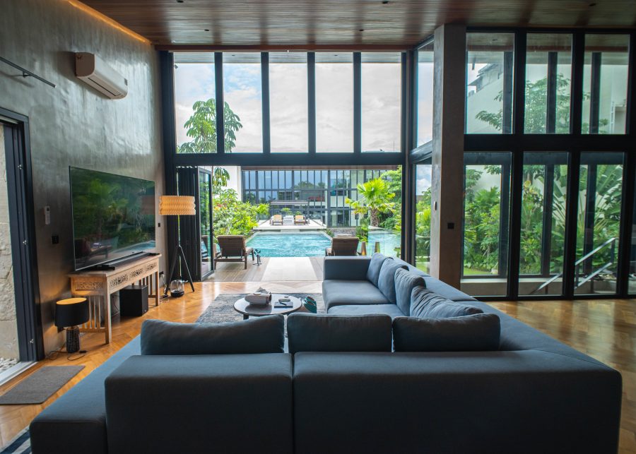 The Lilly Pad's lounge area looking out to the swimming pool