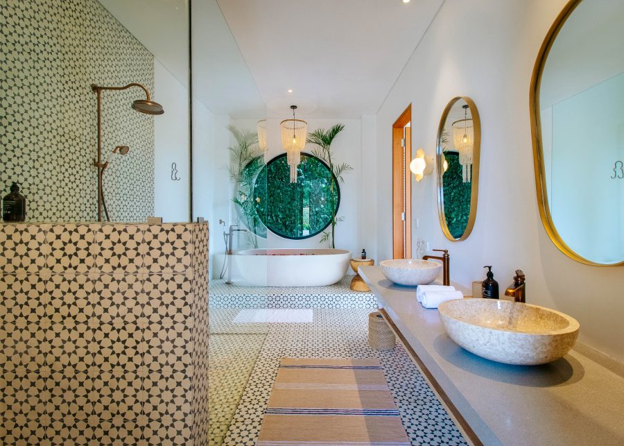 The stunning tiled bathroom at Villa Yang in Bali