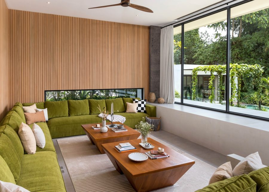 View of the sunken lounge area looking out to the garden at Oasis Villa