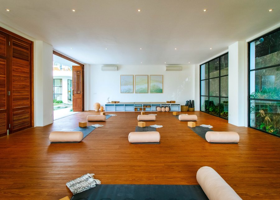 Yoga shala installed by Construct Bali, at Villa Yang in Canggu, with teak flooring